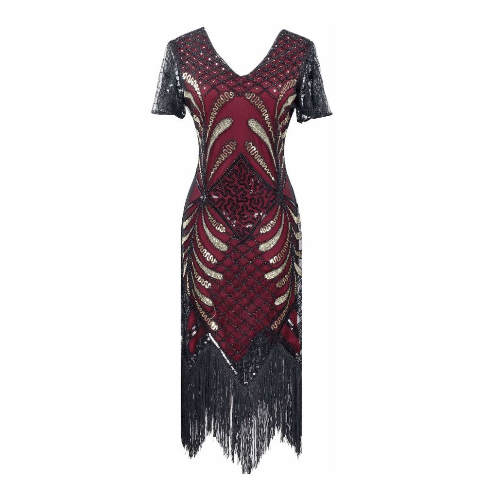 ❤️✨ NWT Flapper Great Gatsby 1920s Retro Tassel Fringe Sequin Midi Red Dress XL